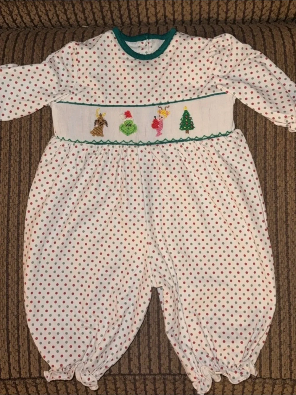 Smocked Girls Grinch Boutique Christmas White Polka Dot One-Piece